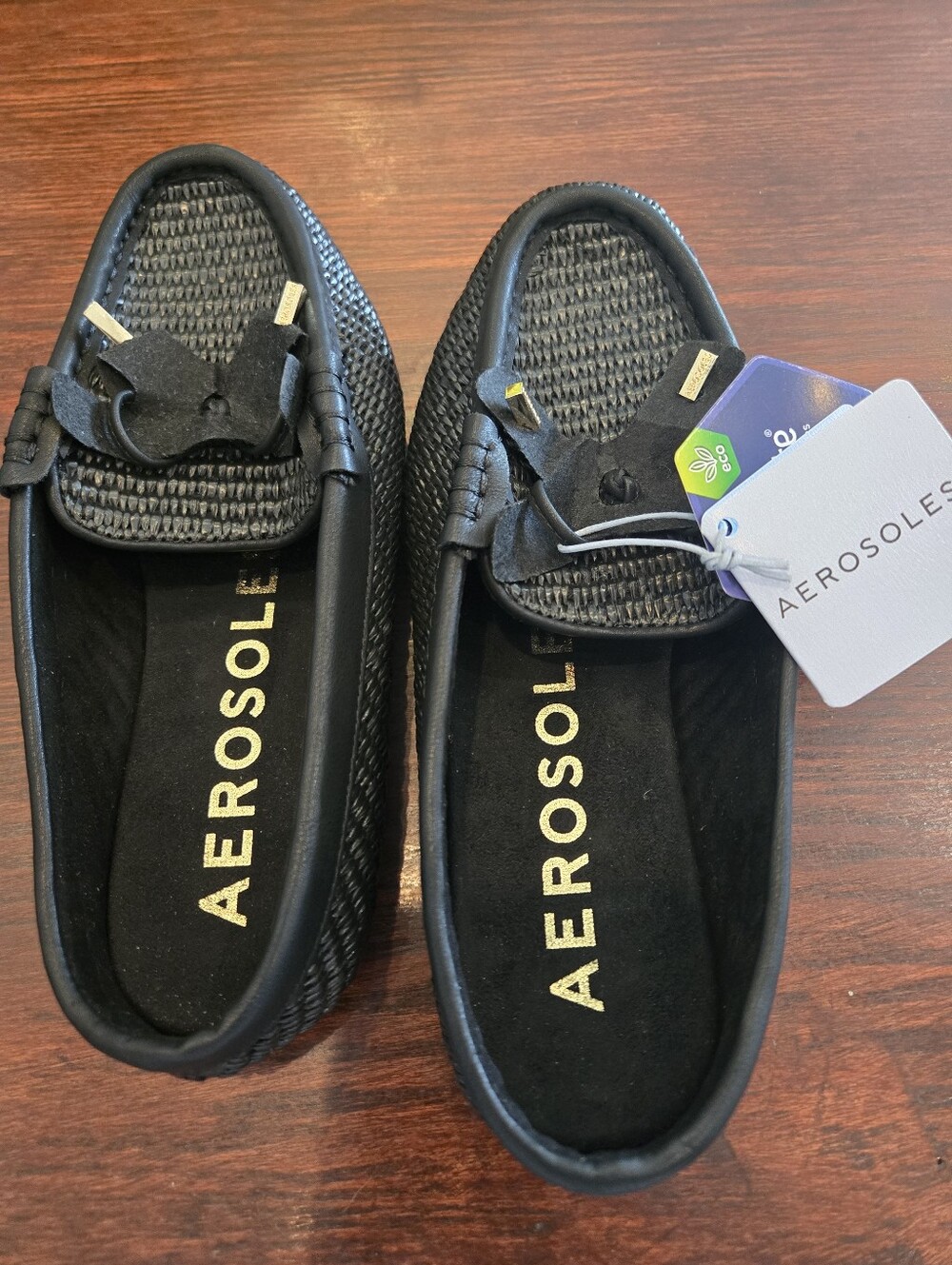 AEROSOLES Black Woven Slip-On Loafers with Bow Detail